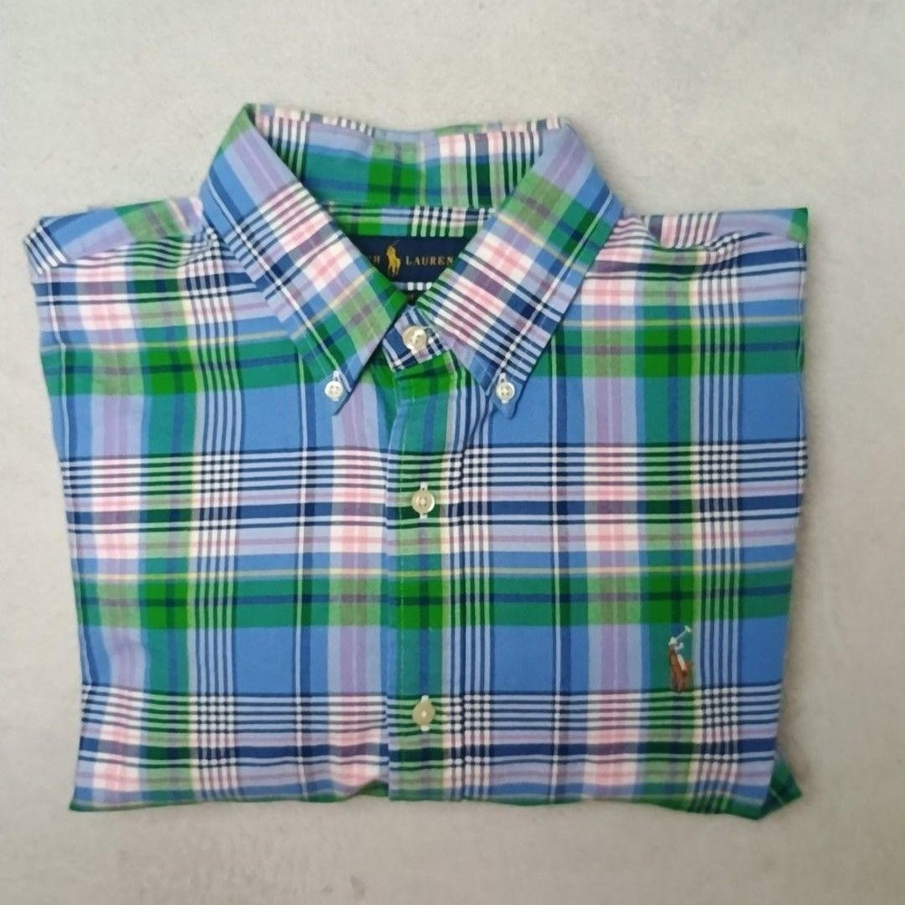 Ralph Lauren Shirt Mens L Blue Plaid Oxford Button-Down OCBD Classic Flesh Pony